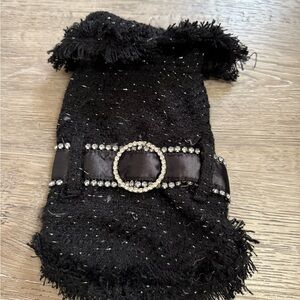 Black Furry Dog Sweater with Rhinestone Belt
